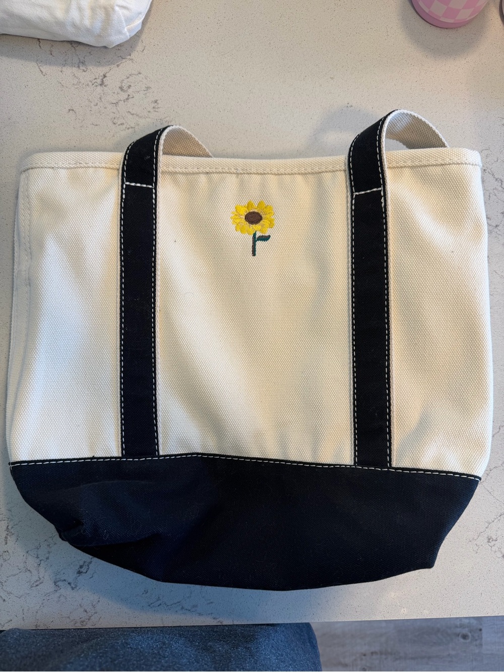 Lands' End Cream and Black Canvas Tote with Sunflower